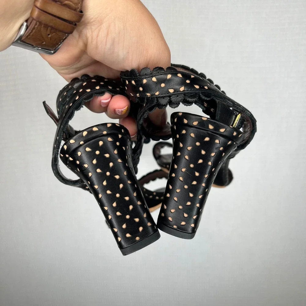 Tabitha Simmons Black Polka Dot‎ Leather Block Heel Sandals Scalloped Strap